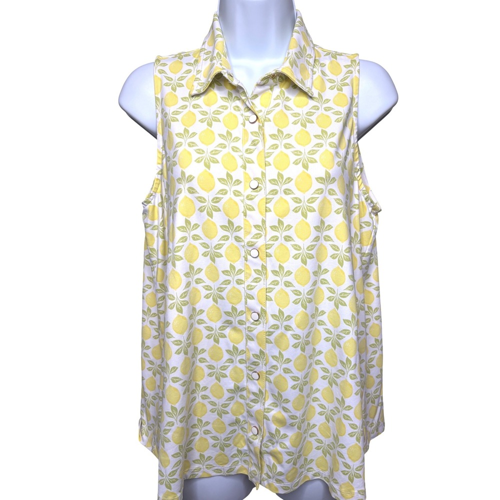 J.MCLAUGHLIN Womens Yellow Lemon Print Sleeveless Button Down Top M Preppy Chic